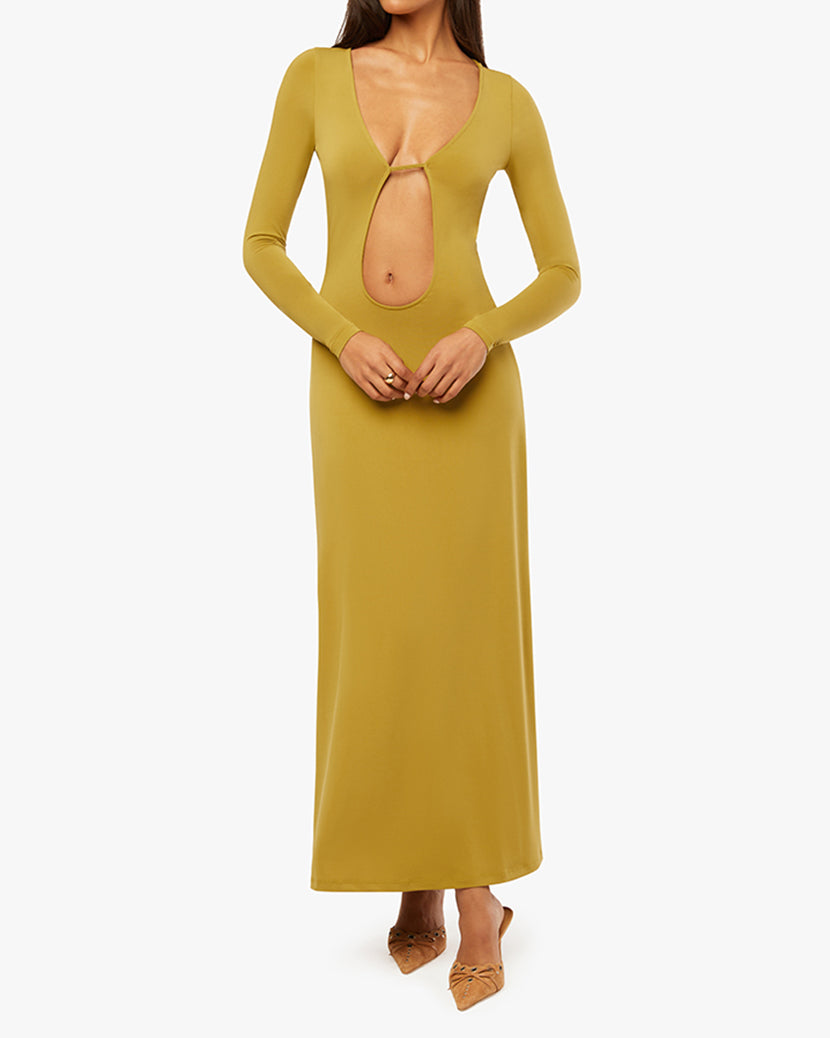 Long Sleeve Front Cut Out Maxi Dress Satin Long Sleeve Cutout