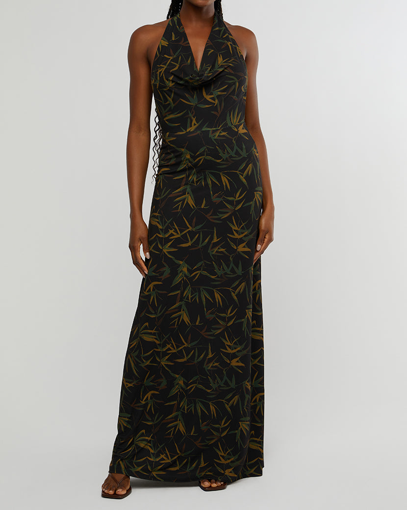Cowl Halter Vintage Leaves Maxi Dress  WeWoreWhat