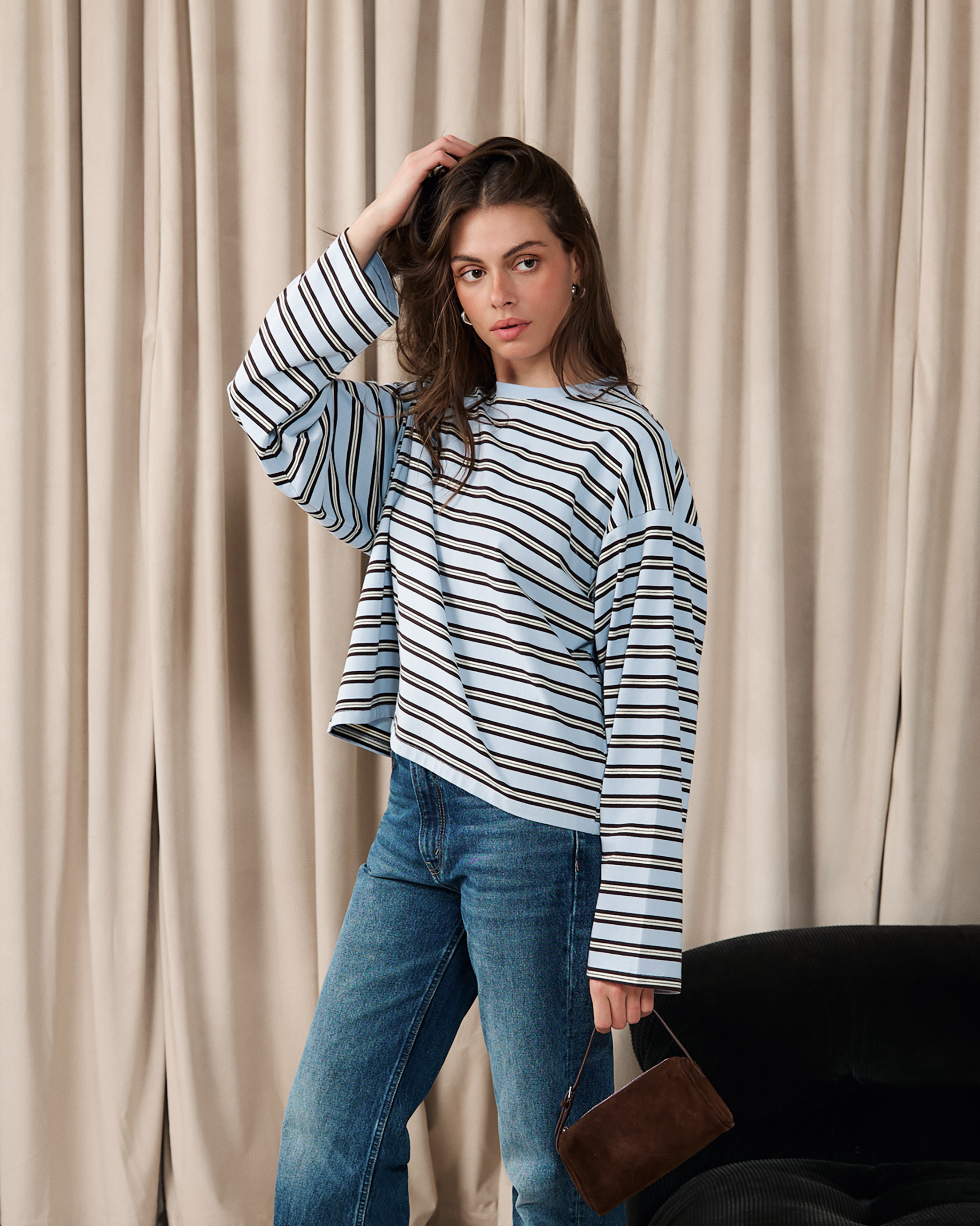 【正規品】Wildbeat Boxy Top XS Boxy Oversized Striped Crew Neck Top - Baby Blue/Yellow – WeWoreWhat