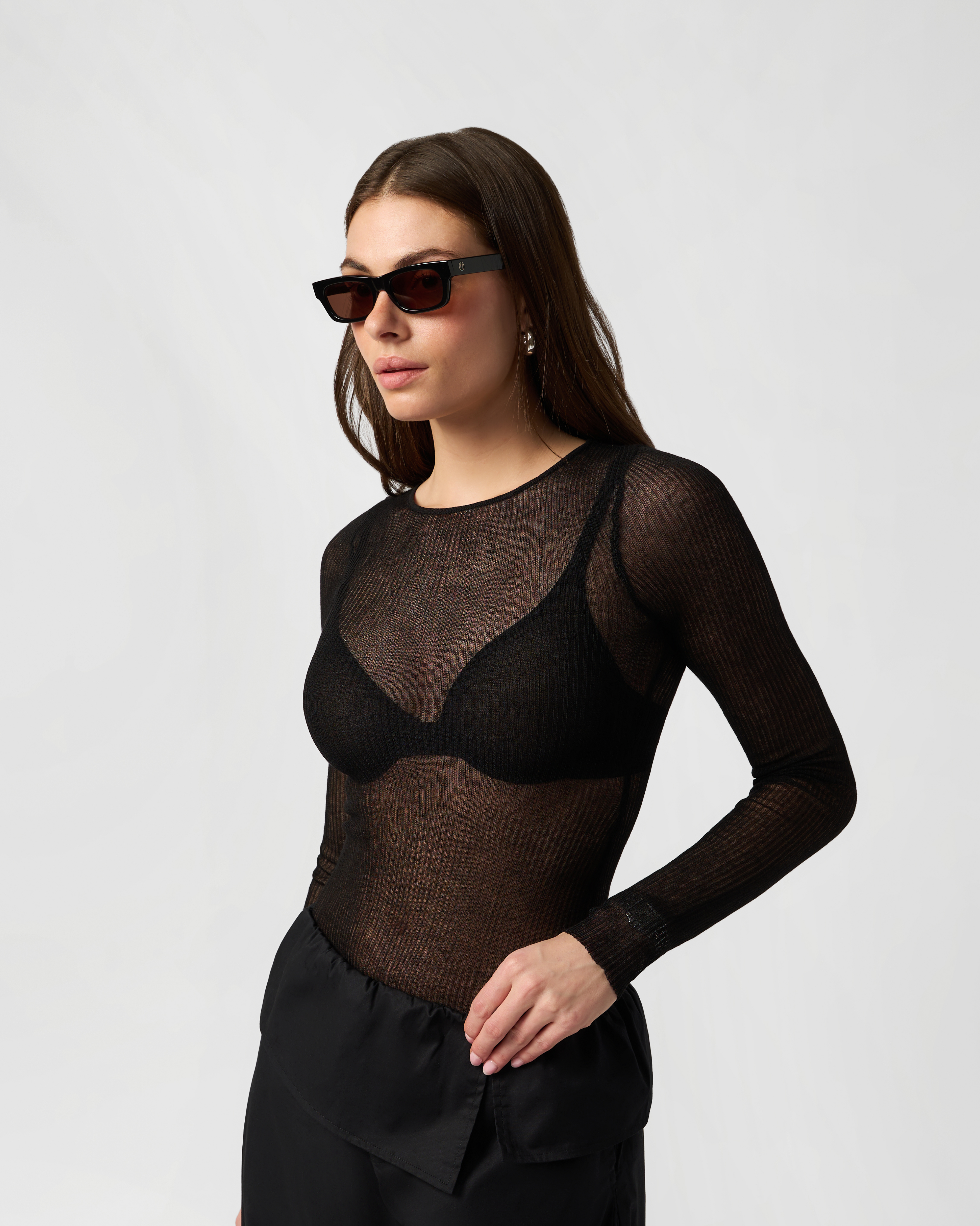 Sheer Ribbed Long Sleeve Top - Black – WeWoreWhat