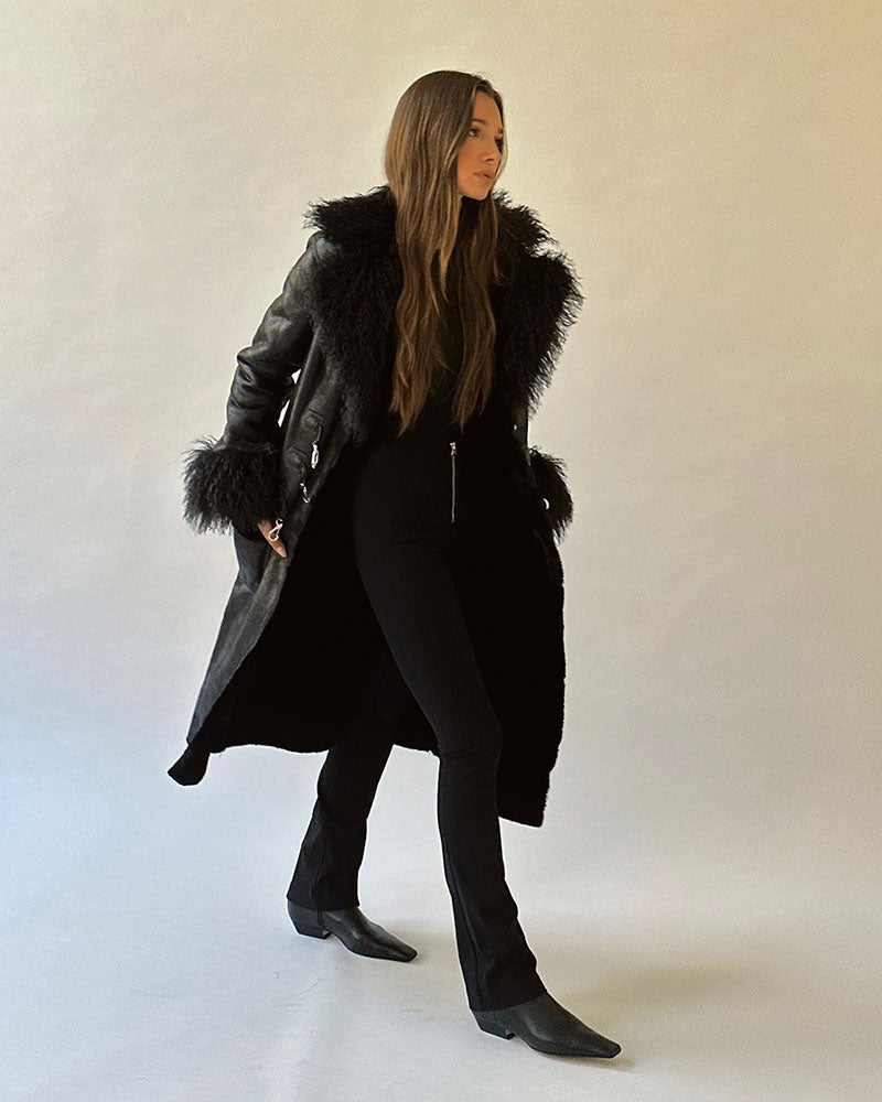 Suede Bonded Faux Fur Trench Coat Black / S
