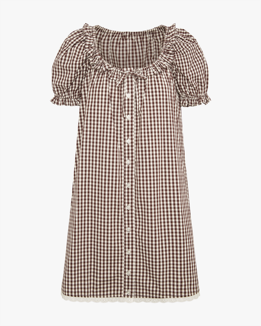 brown and white gingham dress Sanaly Mini Dress in Mini Gingham Brown , Frill , Loose Fit