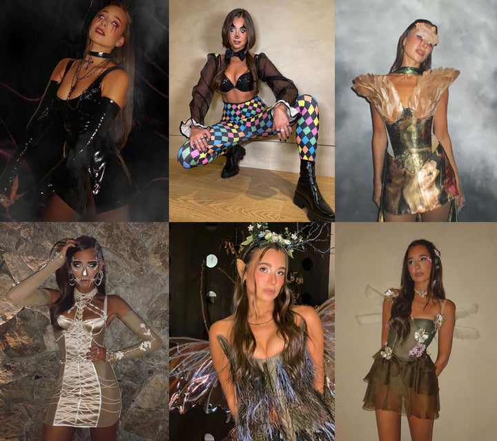 Collage of Danielle Bernstein in various costumes against different backdrops.