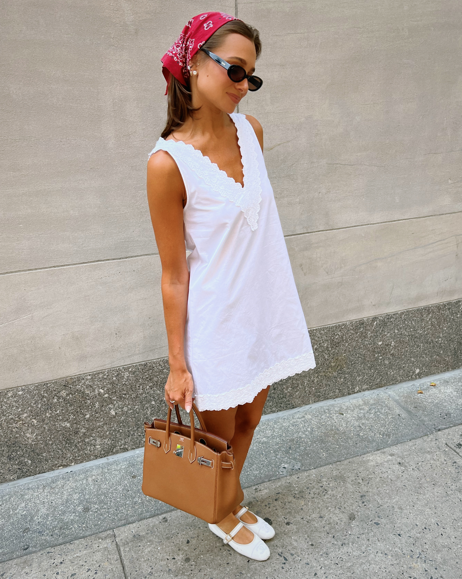 V-Neck Lace Poplin Mini Dress, White / L