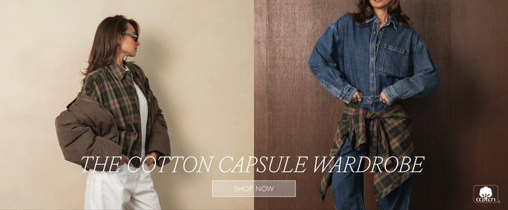 Danielle Bernstein wearing denim outfits with text promoting a cotton capsule wardrobe.