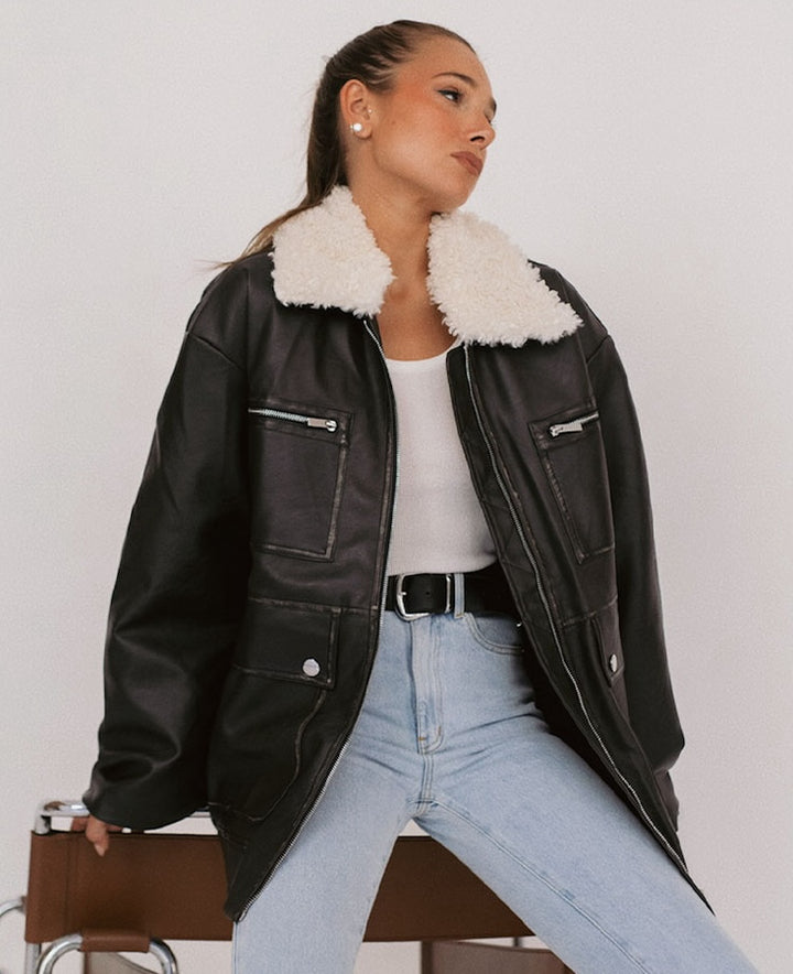 Long Vegan Leather Sherpa Collar Jacket WeWoreWhat